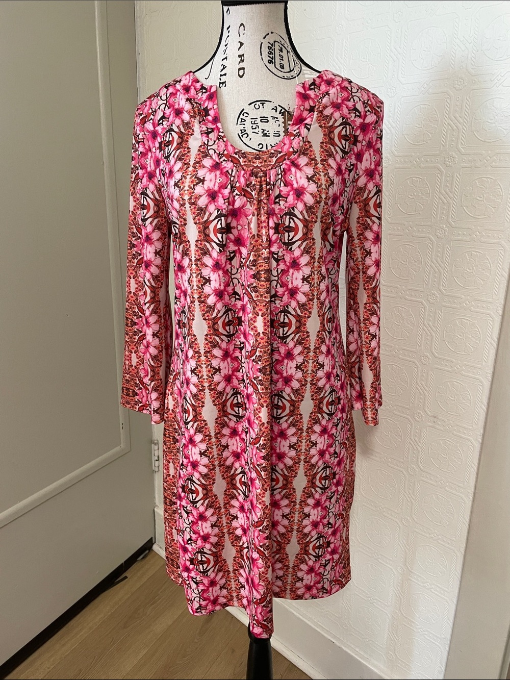 Aryeh Pink Floral Long Sleeve Scoop Dress with Brown Accents